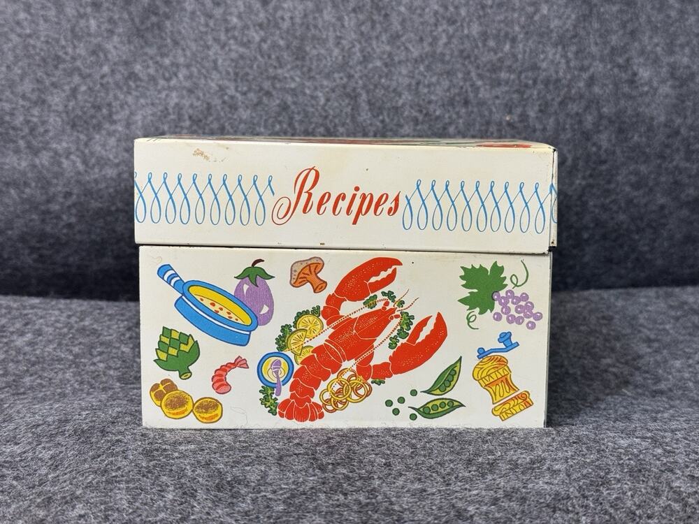 Ohio Art Co Tin Metal Litho Recipe Card File Box MCM VTG Red Lobster Vegetable